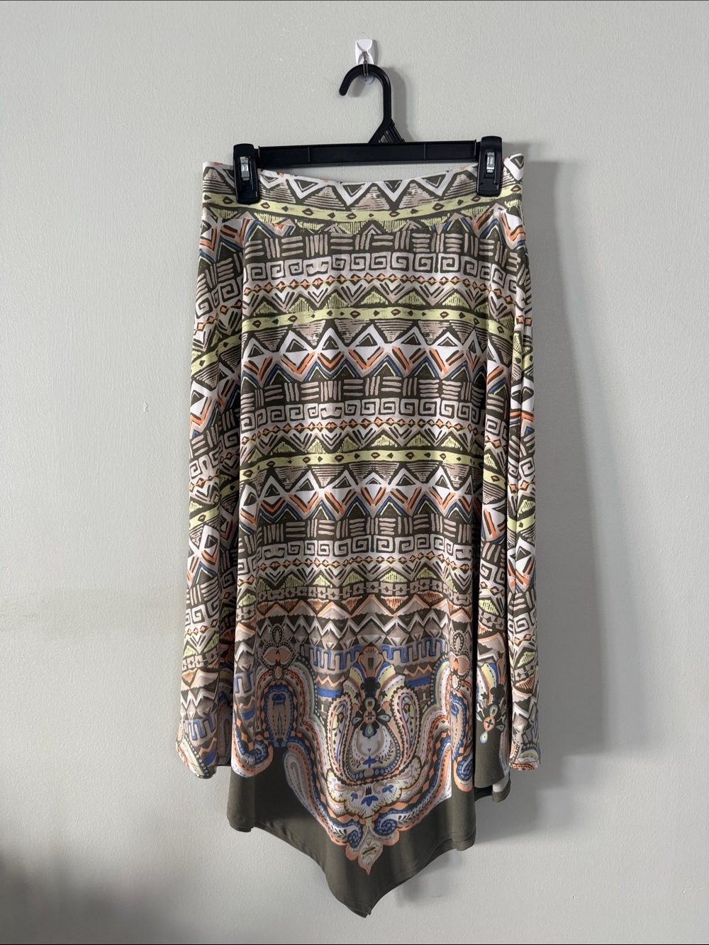 Chico's Geometric & Paisley High-Low Skirt - Green, Tan, Blue, Orange, Cream